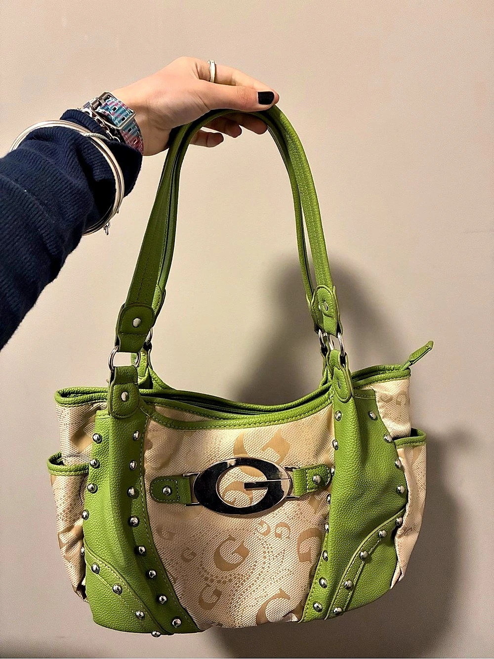 Vintage Y2K GUESS Green Beige Monogram Studded Tote Bag